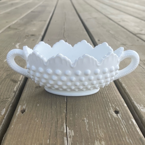 Fenton Vintage Hobnail Milk Glass Oval Double Handle Nut Bowl Candy Trinket Dish - Picture 9 of 14